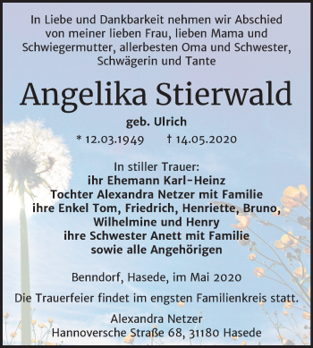 Traueranzeige von Angelika Stierwald von Mitteldeutsche Zeitung Mansfelder Land