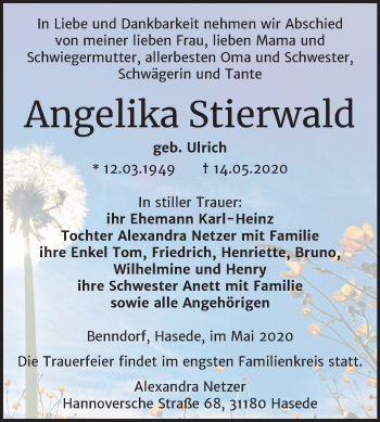 Traueranzeige von Angelika Stierwald von Super Sonntag Mansfelder Land