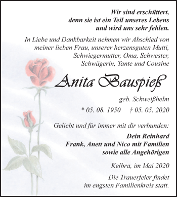 Traueranzeige von Anita Bauspieß von Super Sonntag Sangerhausen