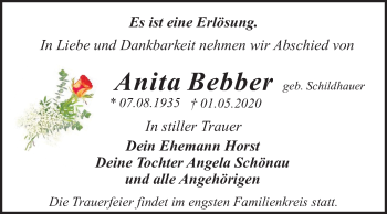 Traueranzeige von Anita Bebber von Mitteldeutsche Zeitung Dessau-Roßlau