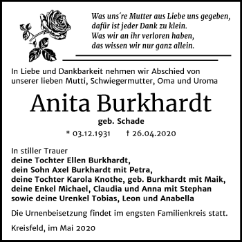 Traueranzeige von Anita Burkhardt von Mitteldeutsche Zeitung Mansfelder Land