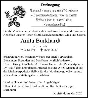 Traueranzeige von Anita Burkhardt von Super Sonntag Mansfelder Land