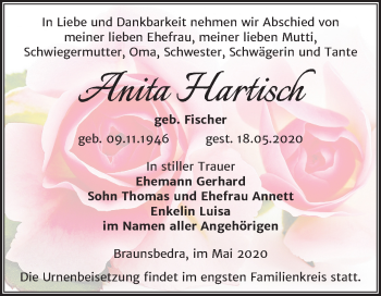 Traueranzeige von Anita Hartisch von Mitteldeutsche Zeitung Merseburg/Querfurt