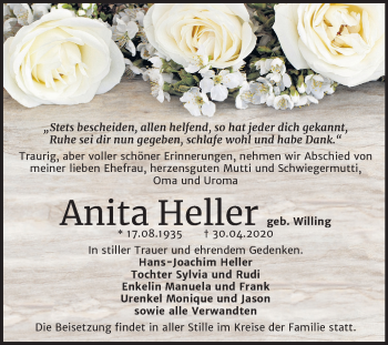 Traueranzeige von Anita Heller von Super Sonntag Dessau-Roßlau