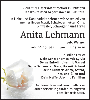 Traueranzeige von Anita Lehmann von Mitteldeutsche Zeitung Wittenberg