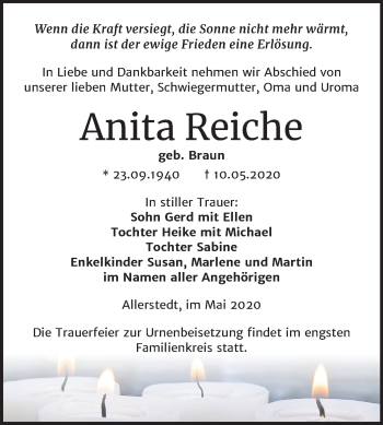 Traueranzeige von Anita Reiche von Mitteldeutsche Zeitung Naumburg/Nebra