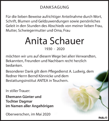 Traueranzeige von Anita Schauer von Super Sonntag Weißenfels