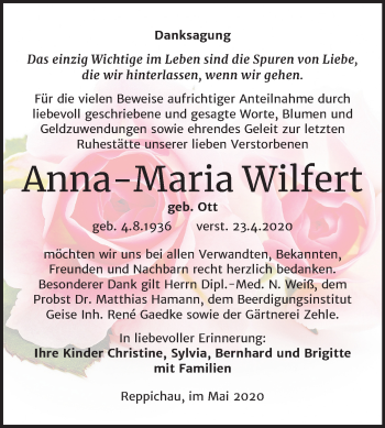 Traueranzeige von Anna-Maria Wilfert von Mitteldeutsche Zeitung Köthen