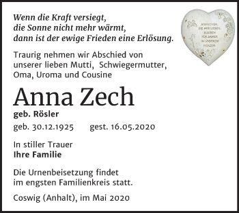 Traueranzeige von Anna Zech von Super Sonntag Wittenberg