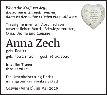 Traueranzeige von Anna Zech von Mitteldeutsche Zeitung Wittenberg