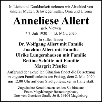 Traueranzeige von Anneliese Allert von Mitteldeutsche Zeitung Halle/Saalkreis