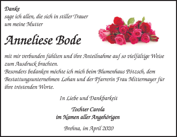 Traueranzeige von Anneliese Bode von Mitteldeutsche Zeitung Bitterfeld