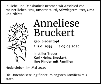 Traueranzeige von Anneliese Bruckert von Super Sonntag Quedlinburg