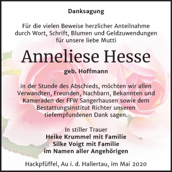 Traueranzeige von Anneliese Hesse von Mitteldeutsche Zeitung Sangerhausen