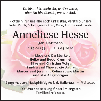 Traueranzeige von Anneliese Hesse von Mitteldeutsche Zeitung Sangerhausen