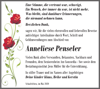 Traueranzeige von Anneliese Penseler von Super Sonntag Aschersleben