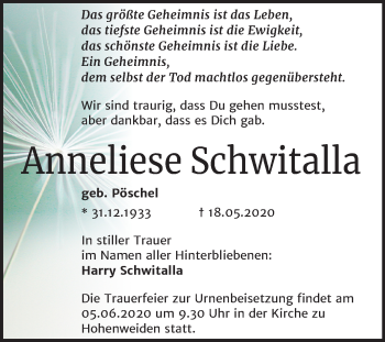 Traueranzeige von Anneliese Schwitalla von Mitteldeutsche Zeitung Halle/Saalkreis