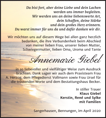 Traueranzeige von Annemarie Giebel von Mitteldeutsche Zeitung Sangerhausen