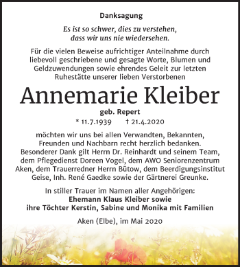 Traueranzeige von Annemarie Kleiber von Mitteldeutsche Zeitung Köthen