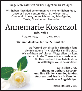 Traueranzeige von Annemarie Koszczol von Super Sonntag Mansfelder Land