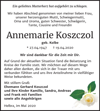 Traueranzeige von Annemarie Koszczol von Mitteldeutsche Zeitung Mansfelder Land