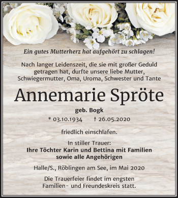 Traueranzeige von Annemarie Spröte von Super Sonntag Mansfelder Land