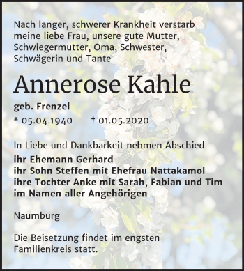 Traueranzeige von Annerose Kahle von Wochenspiegel Naumburg/Nebra
