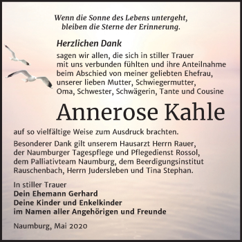 Traueranzeige von Annerose Kahle von Wochenspiegel Naumburg/Nebra