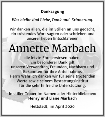 Traueranzeige von Annette Marbach von Super Sonntag Mansfelder Land
