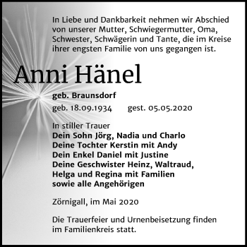 Traueranzeige von Anni Hänel von Super Sonntag Wittenberg