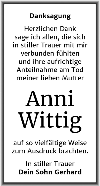 Traueranzeige von Anni Wittig von Wochenspiegel Bitterfeld