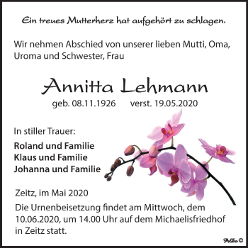 Traueranzeige von Annitta Lehmann von Super Sonntag Zeitz