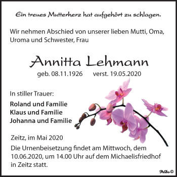 Traueranzeige von Annitta Lehmann von Mitteldeutsche Zeitung Zeitz