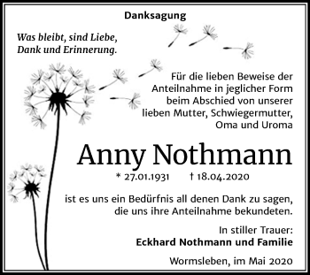 Traueranzeige von Anny Nothmann von Super Sonntag Mansfelder Land