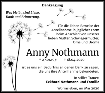 Traueranzeige von Anny Nothmann von Mitteldeutsche Zeitung Mansfelder Land