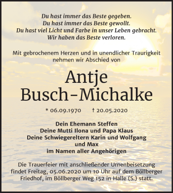 Traueranzeige von Antje Busch-Michalke von Mitteldeutsche Zeitung Halle/Saalkreis