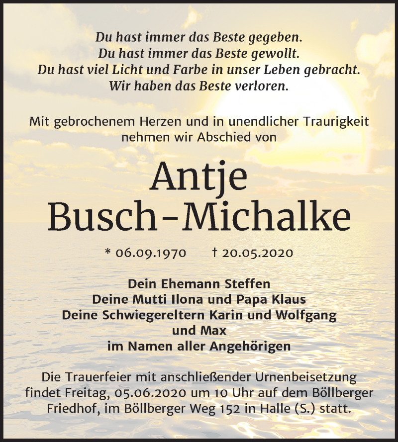  Traueranzeige für Antje Busch-Michalke vom 30.05.2020 aus Mitteldeutsche Zeitung Halle/Saalkreis