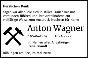 Traueranzeige von Anton Wagner von Super Sonntag Mansfelder Land
