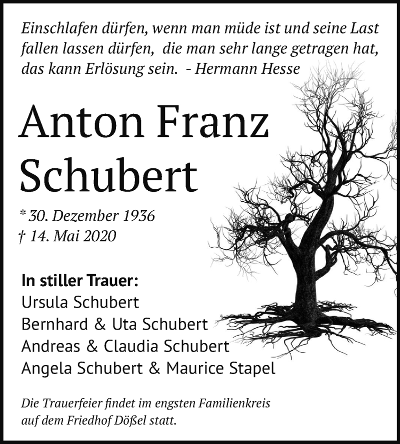  Traueranzeige für Anton Franz (Toni) Schubert vom 23.05.2020 aus Mitteldeutsche Zeitung Halle/Saalkreis