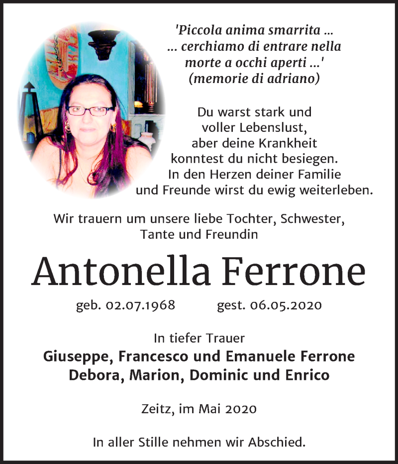  Traueranzeige für Antonella Ferrone vom 16.05.2020 aus Mitteldeutsche Zeitung Zeitz