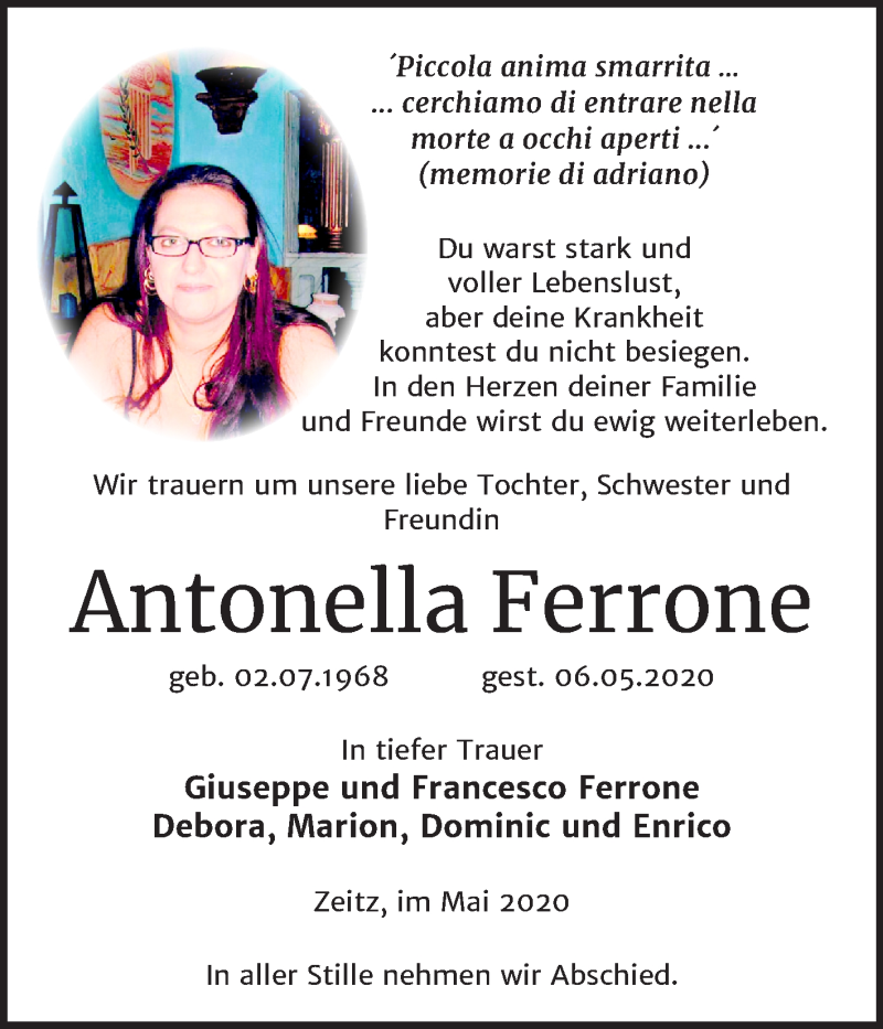  Traueranzeige für Antonella Ferrone vom 16.05.2020 aus Super Sonntag Zeitz