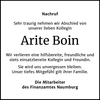 Traueranzeige von Arite Boin von Super Sonntag Merseburg/Querfurt
