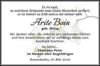 Traueranzeige von Arite Boin von Super Sonntag Merseburg/Querfurt
