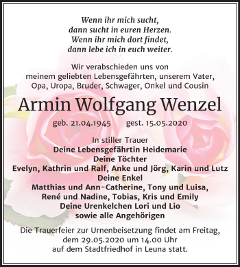 Traueranzeige von Armin Wolfgang Wenzel von Mitteldeutsche Zeitung Merseburg/Querfurt