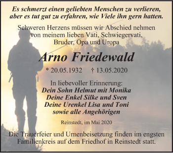 Traueranzeige von Arno Friedewald von Wochenspiegel Quedlinburg