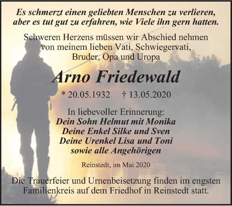  Traueranzeige für Arno Friedewald vom 20.05.2020 aus Wochenspiegel Quedlinburg