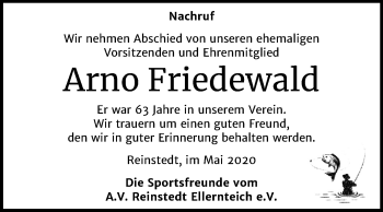 Traueranzeige von Arno Friedewald von Mitteldeutsche Zeitung Quedlinburg