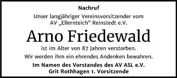 Traueranzeige von Arno Friedewald von Wochenspiegel Aschersleben