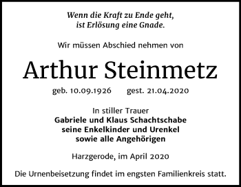 Traueranzeige von Arthur Steinmetz von Super Sonntag Quedlinburg
