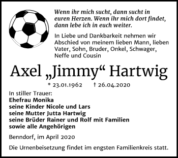 Traueranzeige von Axel Hartwig von Super Sonntag Mansfelder Land